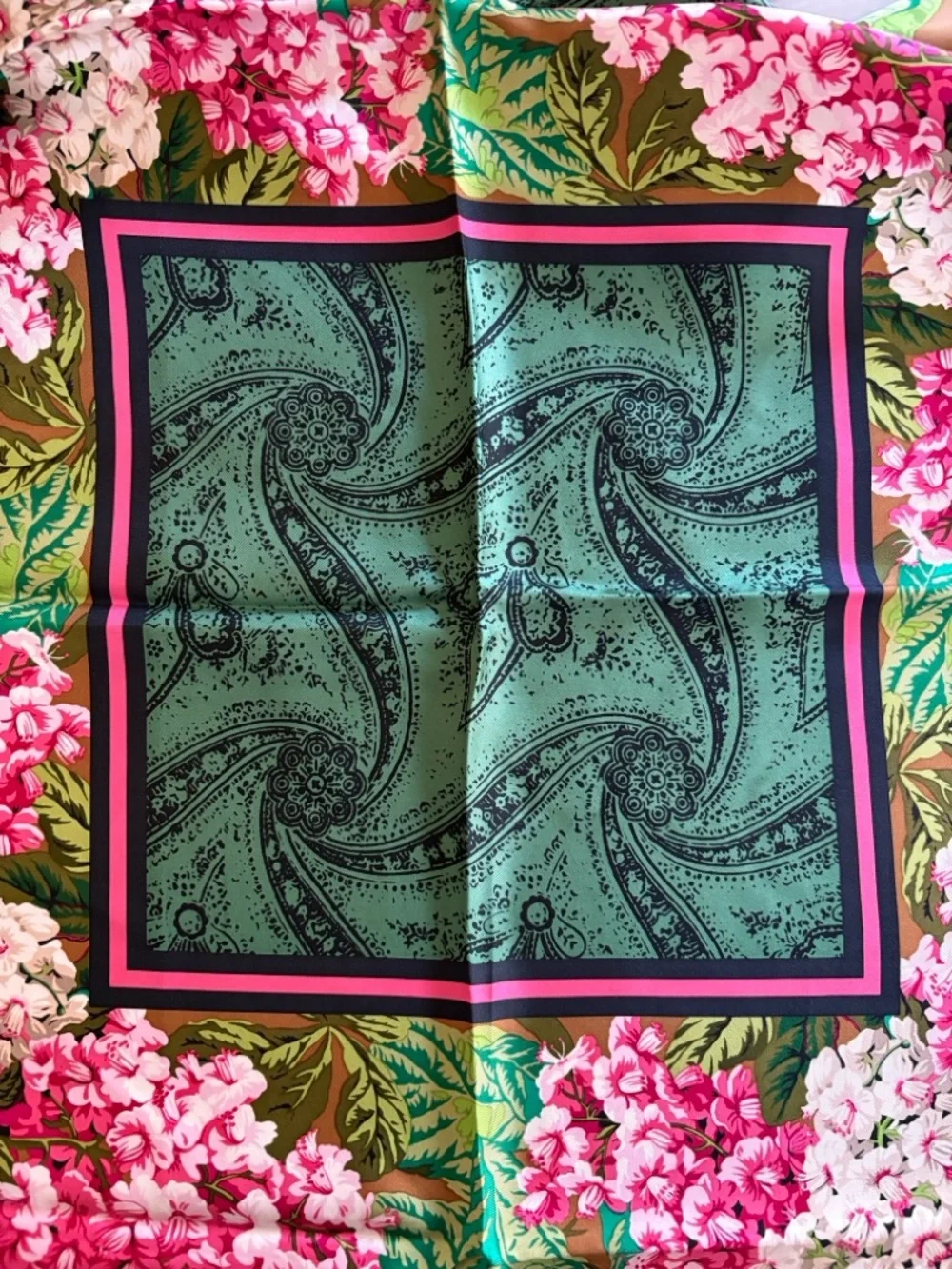 Vintage Oscar de la Renta Floral Green and Pink Silk Square Scarf